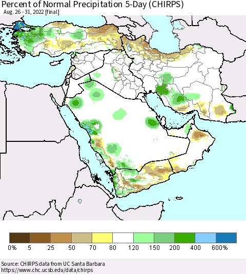 Middle East and Turkey Percent of Normal Precipitation 5-Day (CHIRPS) Thematic Map For 8/26/2022 - 8/31/2022