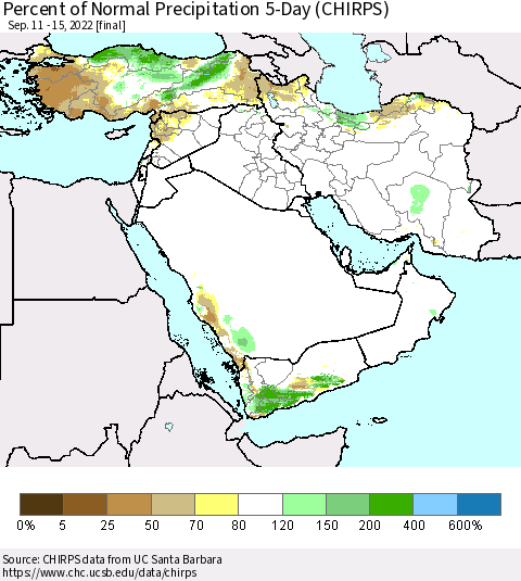 Middle East and Turkey Percent of Normal Precipitation 5-Day (CHIRPS) Thematic Map For 9/11/2022 - 9/15/2022