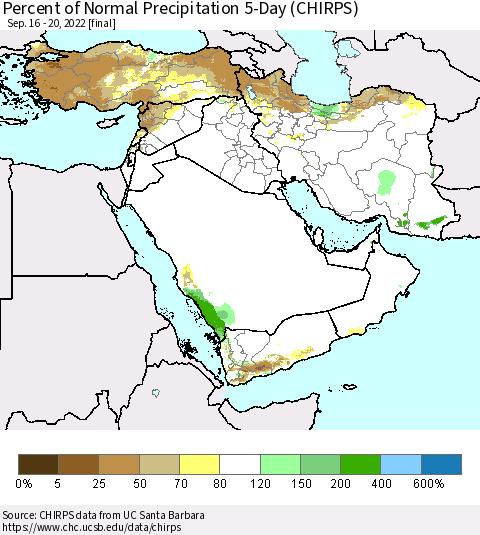 Middle East and Turkey Percent of Normal Precipitation 5-Day (CHIRPS) Thematic Map For 9/16/2022 - 9/20/2022