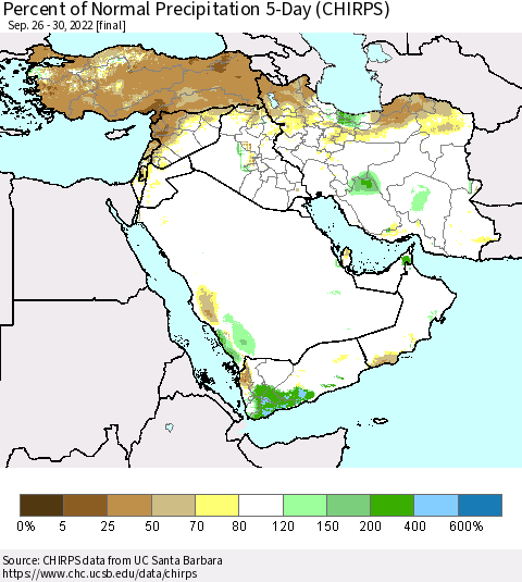 Middle East and Turkey Percent of Normal Precipitation 5-Day (CHIRPS) Thematic Map For 9/26/2022 - 9/30/2022