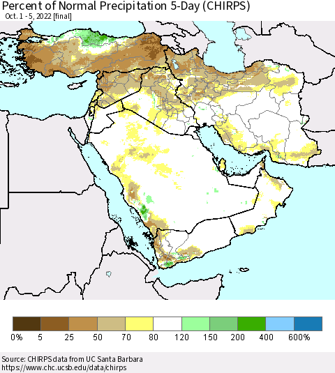 Middle East and Turkey Percent of Normal Precipitation 5-Day (CHIRPS) Thematic Map For 10/1/2022 - 10/5/2022