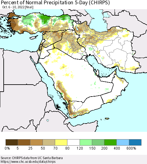 Middle East and Turkey Percent of Normal Precipitation 5-Day (CHIRPS) Thematic Map For 10/6/2022 - 10/10/2022