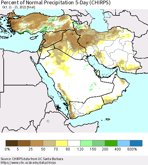 Middle East and Turkey Percent of Normal Precipitation 5-Day (CHIRPS) Thematic Map For 10/11/2022 - 10/15/2022