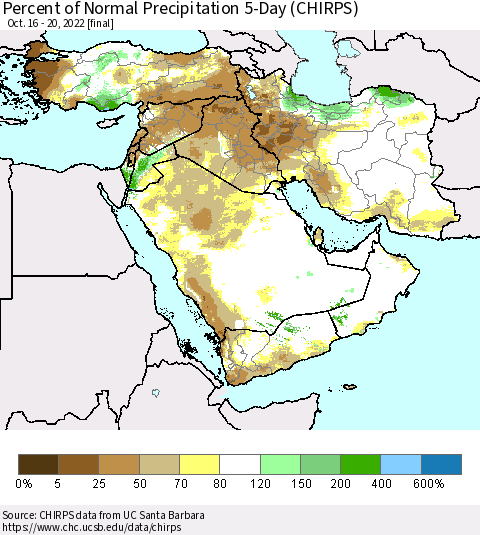 Middle East and Turkey Percent of Normal Precipitation 5-Day (CHIRPS) Thematic Map For 10/16/2022 - 10/20/2022