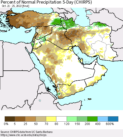 Middle East and Turkey Percent of Normal Precipitation 5-Day (CHIRPS) Thematic Map For 10/21/2022 - 10/25/2022