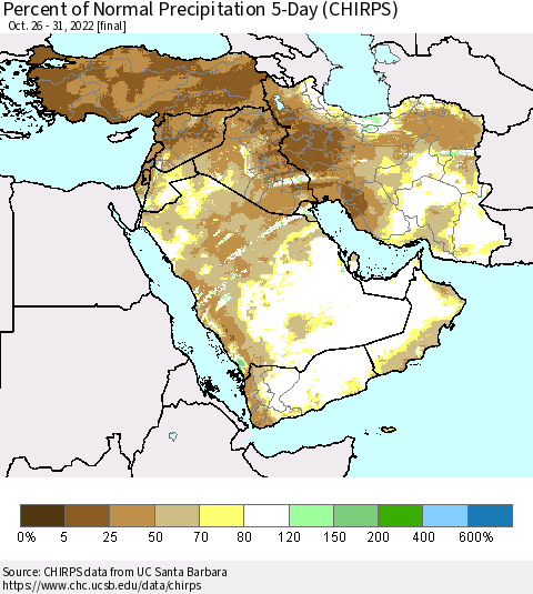 Middle East and Turkey Percent of Normal Precipitation 5-Day (CHIRPS) Thematic Map For 10/26/2022 - 10/31/2022