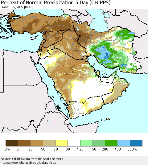 Middle East and Turkey Percent of Normal Precipitation 5-Day (CHIRPS) Thematic Map For 11/1/2022 - 11/5/2022