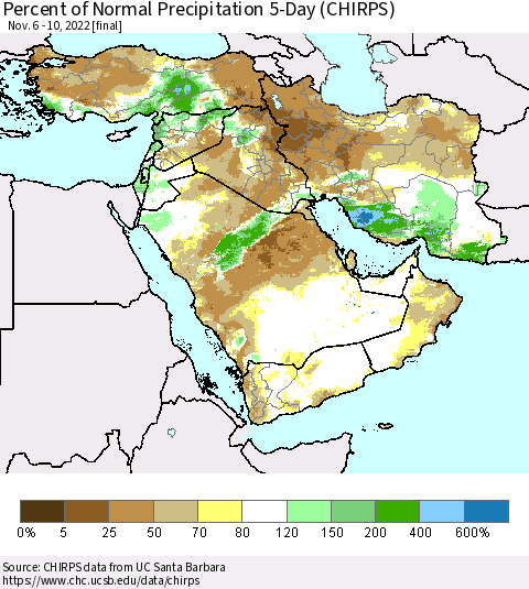 Middle East and Turkey Percent of Normal Precipitation 5-Day (CHIRPS) Thematic Map For 11/6/2022 - 11/10/2022