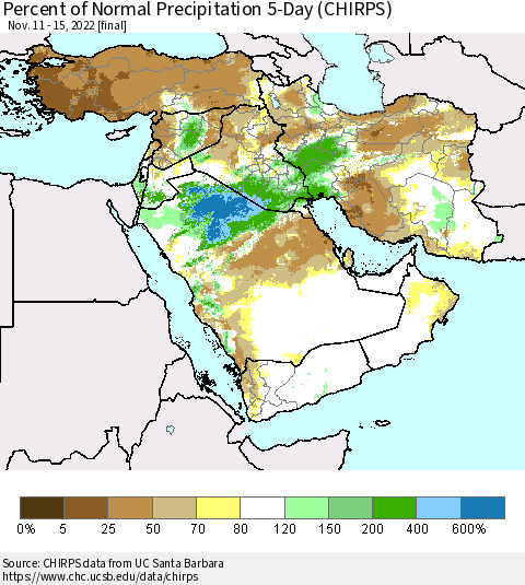 Middle East and Turkey Percent of Normal Precipitation 5-Day (CHIRPS) Thematic Map For 11/11/2022 - 11/15/2022