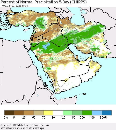 Middle East and Turkey Percent of Normal Precipitation 5-Day (CHIRPS) Thematic Map For 11/16/2022 - 11/20/2022