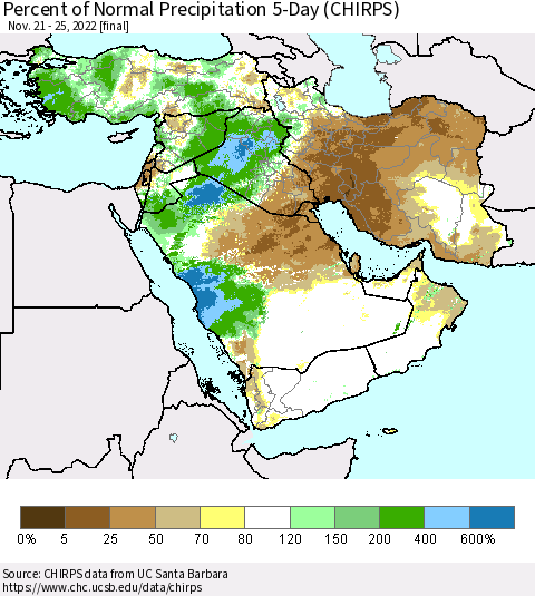 Middle East and Turkey Percent of Normal Precipitation 5-Day (CHIRPS) Thematic Map For 11/21/2022 - 11/25/2022