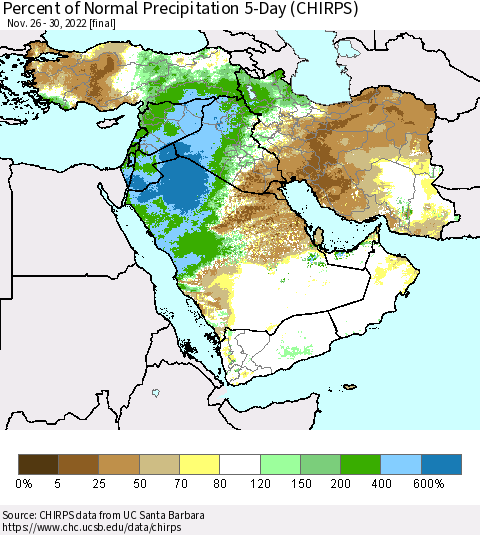 Middle East and Turkey Percent of Normal Precipitation 5-Day (CHIRPS) Thematic Map For 11/26/2022 - 11/30/2022