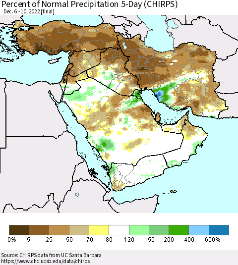 Middle East and Turkey Percent of Normal Precipitation 5-Day (CHIRPS) Thematic Map For 12/6/2022 - 12/10/2022
