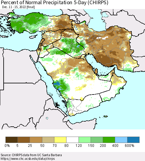 Middle East and Turkey Percent of Normal Precipitation 5-Day (CHIRPS) Thematic Map For 12/11/2022 - 12/15/2022