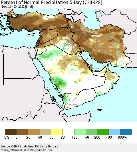 Middle East and Turkey Percent of Normal Precipitation 5-Day (CHIRPS) Thematic Map For 12/16/2022 - 12/20/2022