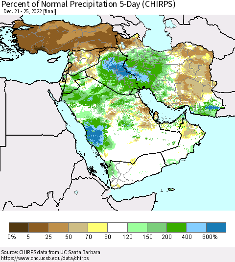 Middle East and Turkey Percent of Normal Precipitation 5-Day (CHIRPS) Thematic Map For 12/21/2022 - 12/25/2022