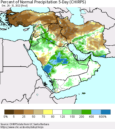 Middle East and Turkey Percent of Normal Precipitation 5-Day (CHIRPS) Thematic Map For 12/26/2022 - 12/31/2022