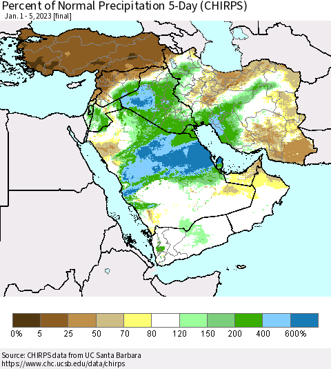 Middle East and Turkey Percent of Normal Precipitation 5-Day (CHIRPS) Thematic Map For 1/1/2023 - 1/5/2023