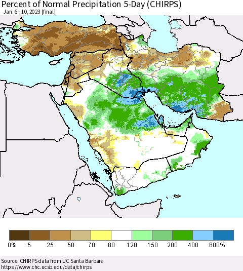 Middle East and Turkey Percent of Normal Precipitation 5-Day (CHIRPS) Thematic Map For 1/6/2023 - 1/10/2023