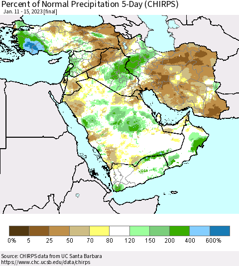 Middle East and Turkey Percent of Normal Precipitation 5-Day (CHIRPS) Thematic Map For 1/11/2023 - 1/15/2023