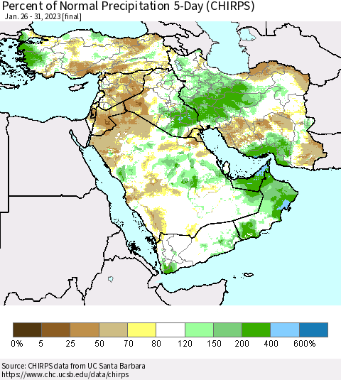 Middle East and Turkey Percent of Normal Precipitation 5-Day (CHIRPS) Thematic Map For 1/26/2023 - 1/31/2023