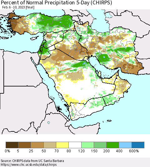 Middle East and Turkey Percent of Normal Precipitation 5-Day (CHIRPS) Thematic Map For 2/6/2023 - 2/10/2023