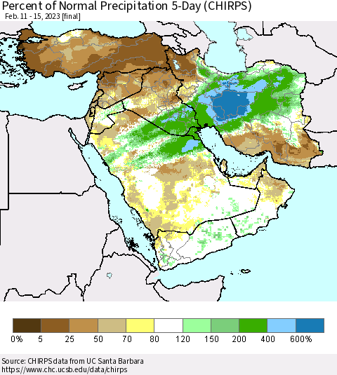 Middle East and Turkey Percent of Normal Precipitation 5-Day (CHIRPS) Thematic Map For 2/11/2023 - 2/15/2023