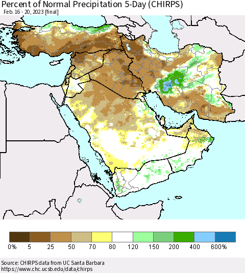 Middle East and Turkey Percent of Normal Precipitation 5-Day (CHIRPS) Thematic Map For 2/16/2023 - 2/20/2023