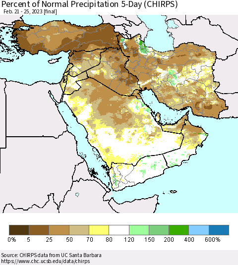 Middle East and Turkey Percent of Normal Precipitation 5-Day (CHIRPS) Thematic Map For 2/21/2023 - 2/25/2023