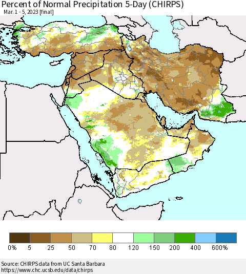 Middle East and Turkey Percent of Normal Precipitation 5-Day (CHIRPS) Thematic Map For 3/1/2023 - 3/5/2023