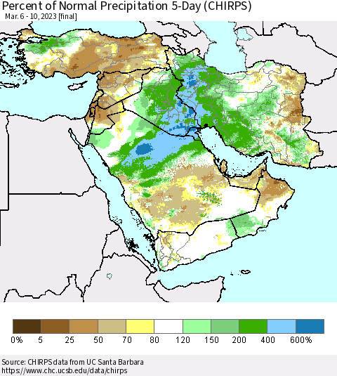 Middle East and Turkey Percent of Normal Precipitation 5-Day (CHIRPS) Thematic Map For 3/6/2023 - 3/10/2023