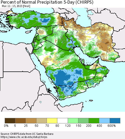 Middle East and Turkey Percent of Normal Precipitation 5-Day (CHIRPS) Thematic Map For 3/11/2023 - 3/15/2023