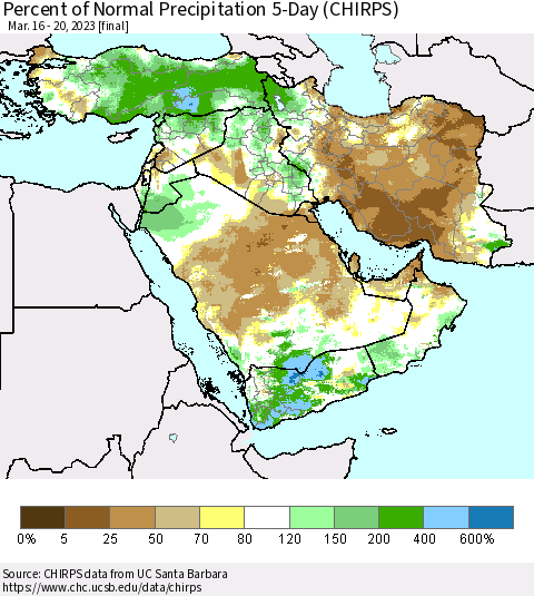 Middle East and Turkey Percent of Normal Precipitation 5-Day (CHIRPS) Thematic Map For 3/16/2023 - 3/20/2023