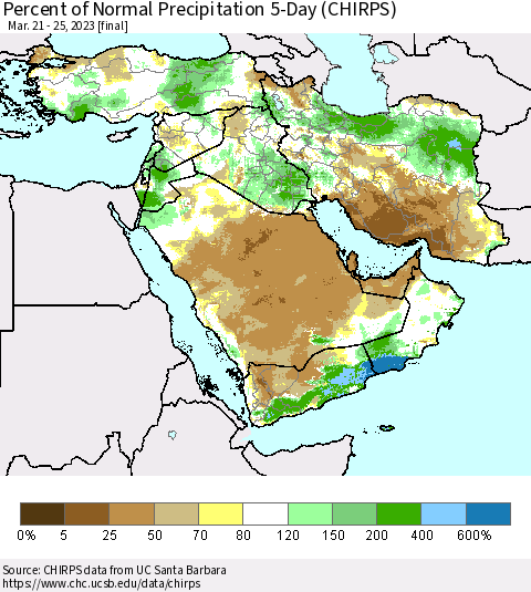 Middle East and Turkey Percent of Normal Precipitation 5-Day (CHIRPS) Thematic Map For 3/21/2023 - 3/25/2023