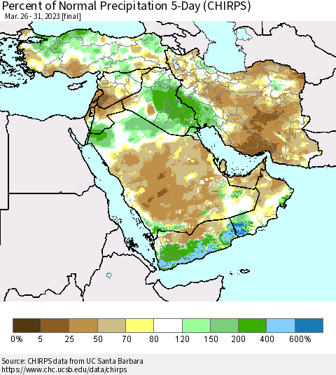 Middle East and Turkey Percent of Normal Precipitation 5-Day (CHIRPS) Thematic Map For 3/26/2023 - 3/31/2023