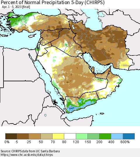 Middle East and Turkey Percent of Normal Precipitation 5-Day (CHIRPS) Thematic Map For 4/1/2023 - 4/5/2023