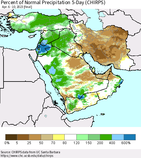 Middle East and Turkey Percent of Normal Precipitation 5-Day (CHIRPS) Thematic Map For 4/6/2023 - 4/10/2023