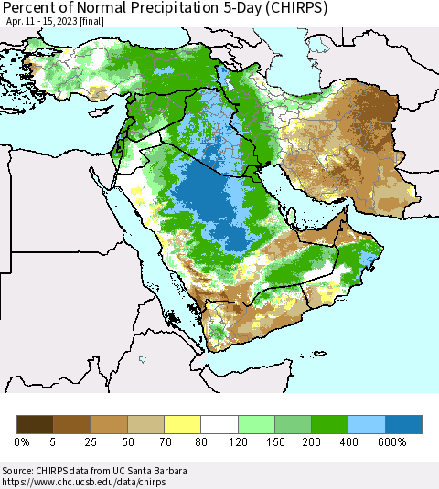 Middle East and Turkey Percent of Normal Precipitation 5-Day (CHIRPS) Thematic Map For 4/11/2023 - 4/15/2023