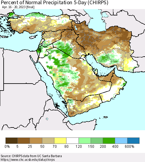 Middle East and Turkey Percent of Normal Precipitation 5-Day (CHIRPS) Thematic Map For 4/16/2023 - 4/20/2023