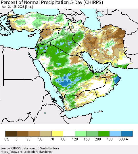Middle East and Turkey Percent of Normal Precipitation 5-Day (CHIRPS) Thematic Map For 4/21/2023 - 4/25/2023