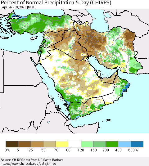 Middle East and Turkey Percent of Normal Precipitation 5-Day (CHIRPS) Thematic Map For 4/26/2023 - 4/30/2023