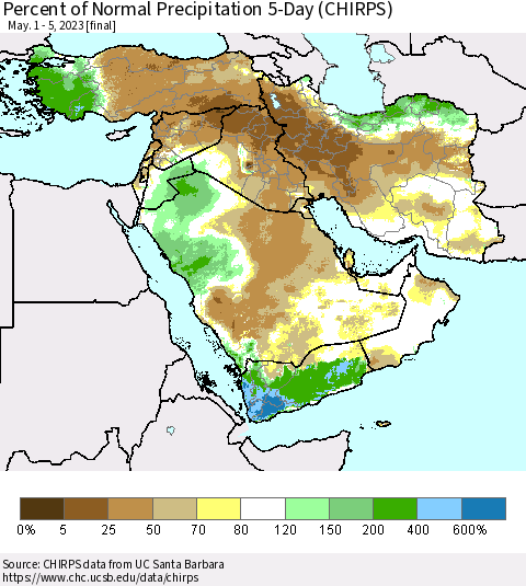 Middle East and Turkey Percent of Normal Precipitation 5-Day (CHIRPS) Thematic Map For 5/1/2023 - 5/5/2023