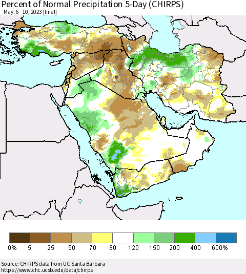 Middle East and Turkey Percent of Normal Precipitation 5-Day (CHIRPS) Thematic Map For 5/6/2023 - 5/10/2023