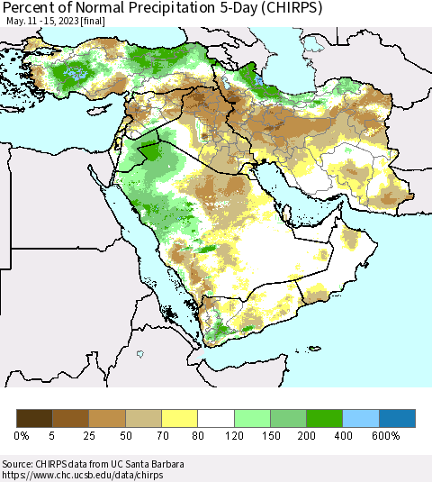 Middle East and Turkey Percent of Normal Precipitation 5-Day (CHIRPS) Thematic Map For 5/11/2023 - 5/15/2023