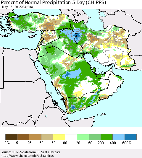 Middle East and Turkey Percent of Normal Precipitation 5-Day (CHIRPS) Thematic Map For 5/16/2023 - 5/20/2023