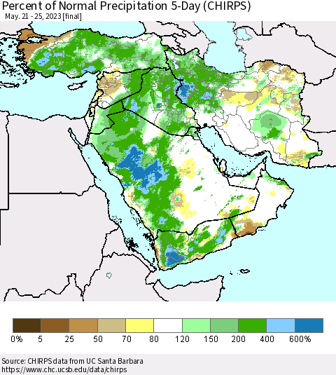 Middle East and Turkey Percent of Normal Precipitation 5-Day (CHIRPS) Thematic Map For 5/21/2023 - 5/25/2023