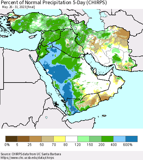 Middle East and Turkey Percent of Normal Precipitation 5-Day (CHIRPS) Thematic Map For 5/26/2023 - 5/31/2023