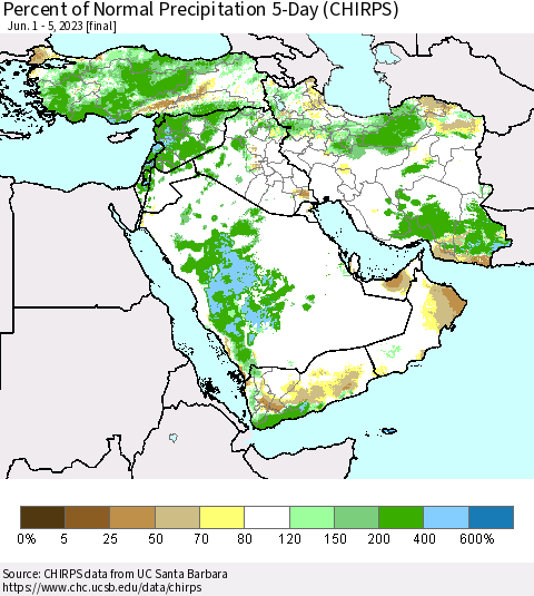 Middle East and Turkey Percent of Normal Precipitation 5-Day (CHIRPS) Thematic Map For 6/1/2023 - 6/5/2023