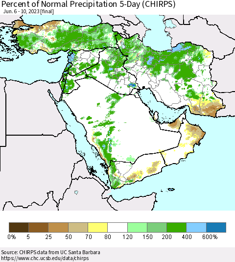 Middle East and Turkey Percent of Normal Precipitation 5-Day (CHIRPS) Thematic Map For 6/6/2023 - 6/10/2023