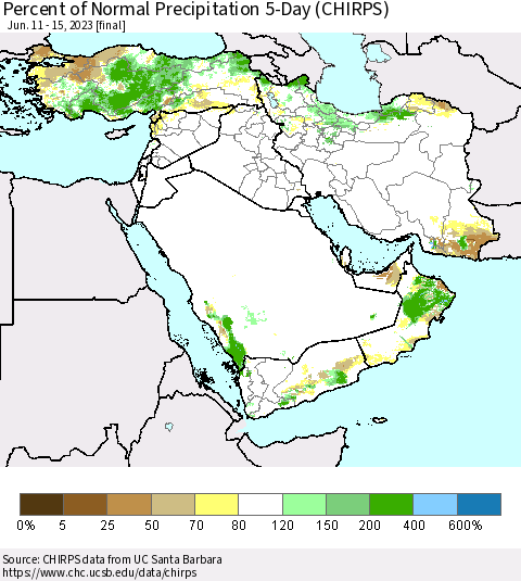 Middle East and Turkey Percent of Normal Precipitation 5-Day (CHIRPS) Thematic Map For 6/11/2023 - 6/15/2023